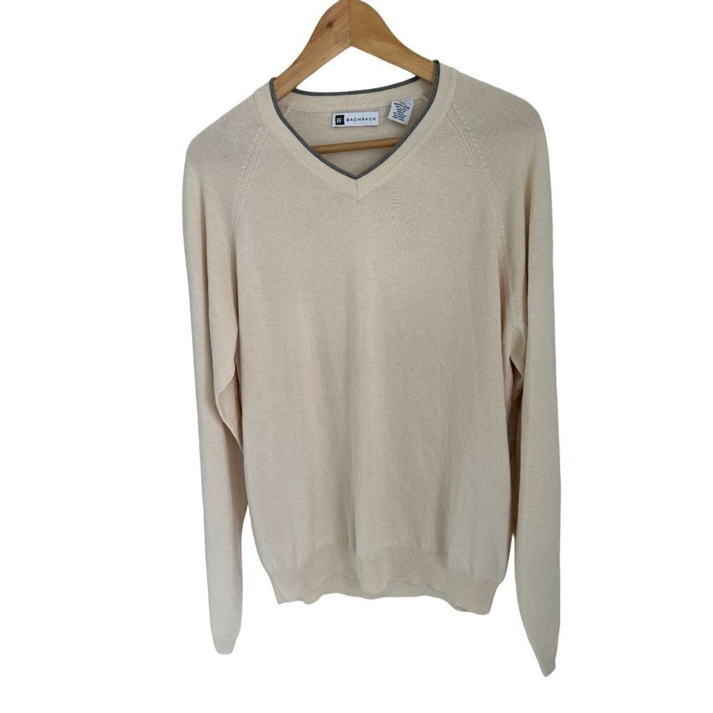 BACHRACH V-Neck Sweater Wool Silk Crean Color Gray Details Size Med